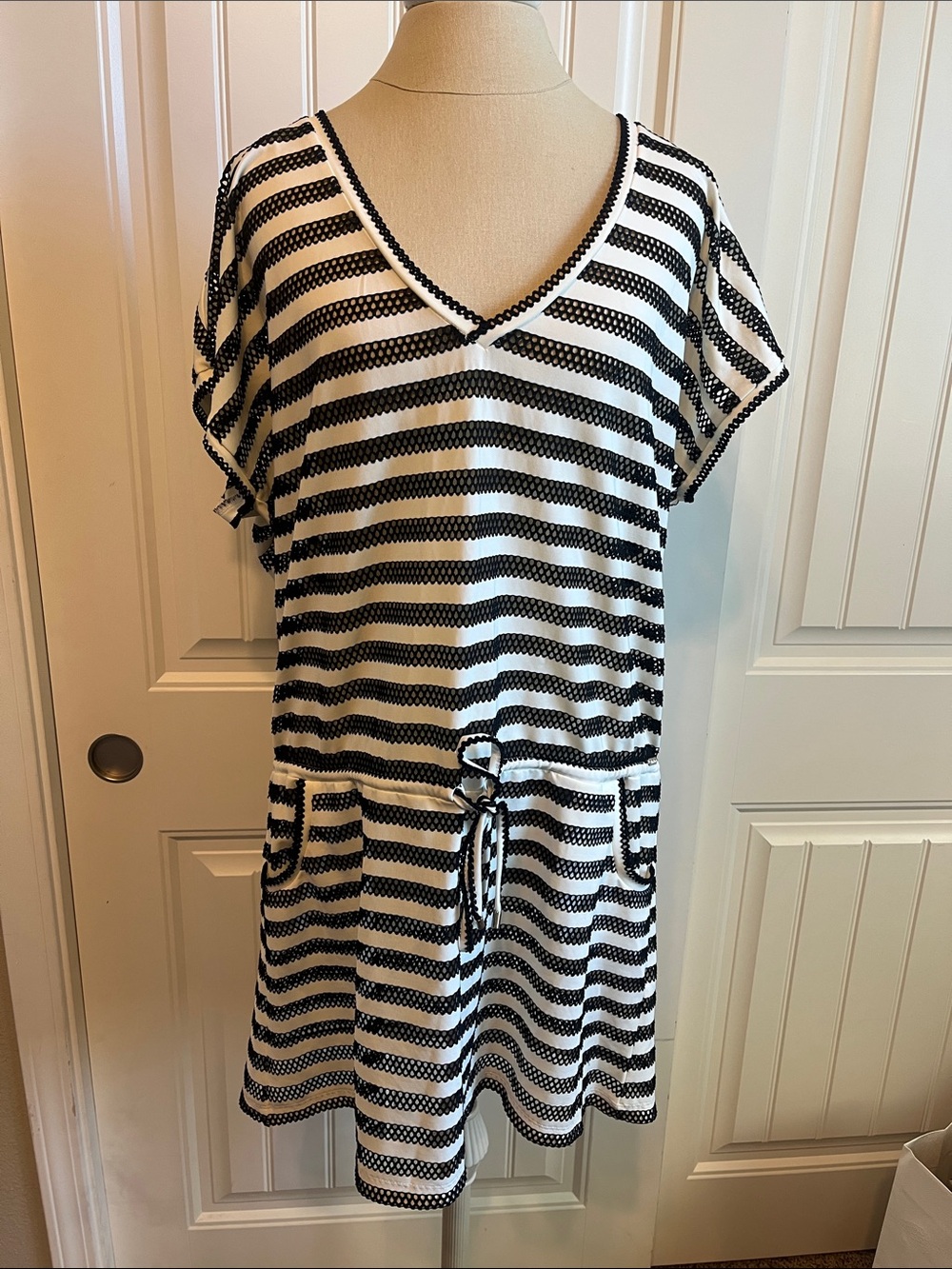 Women’s Calvin Klein Black and White Swim Cover Up Dress with Drawstring Waist